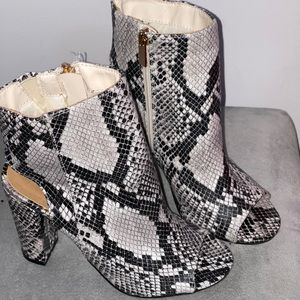 Snake print peep toe heels